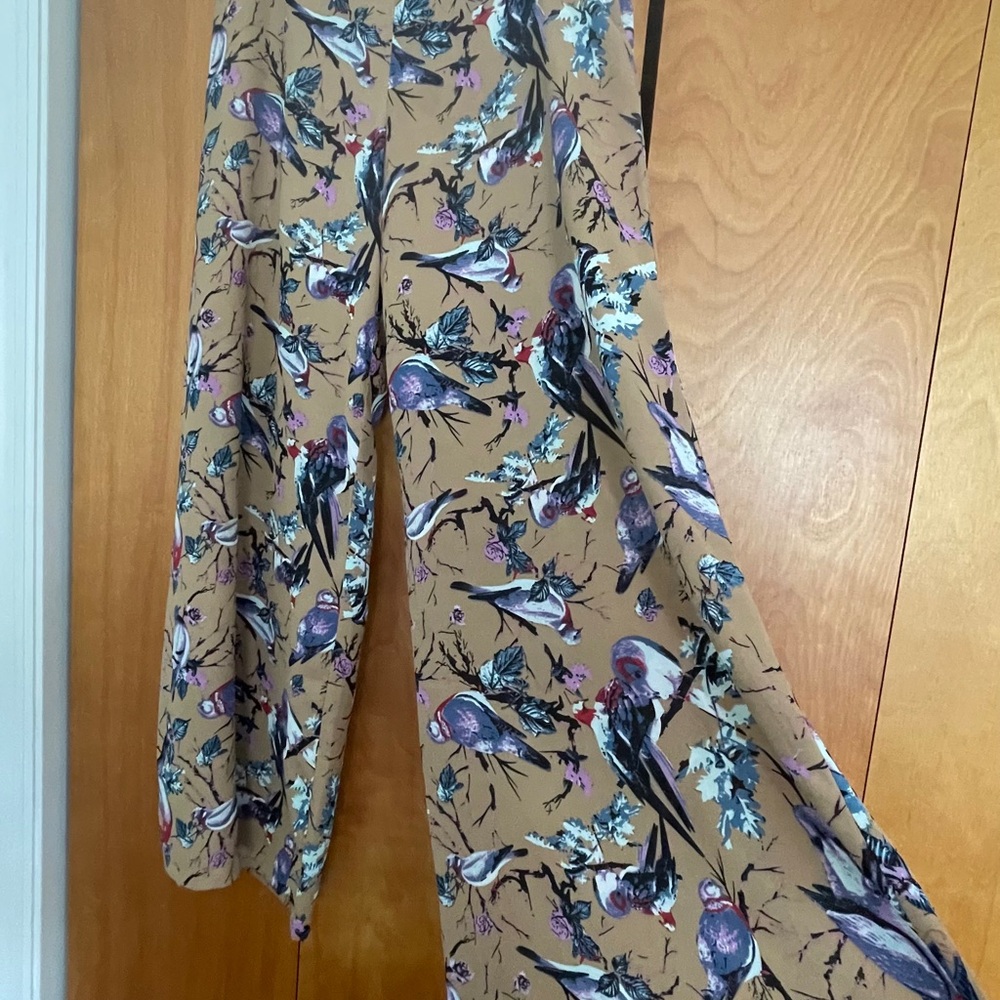 Elegant Bird Print Wide-Leg Pants